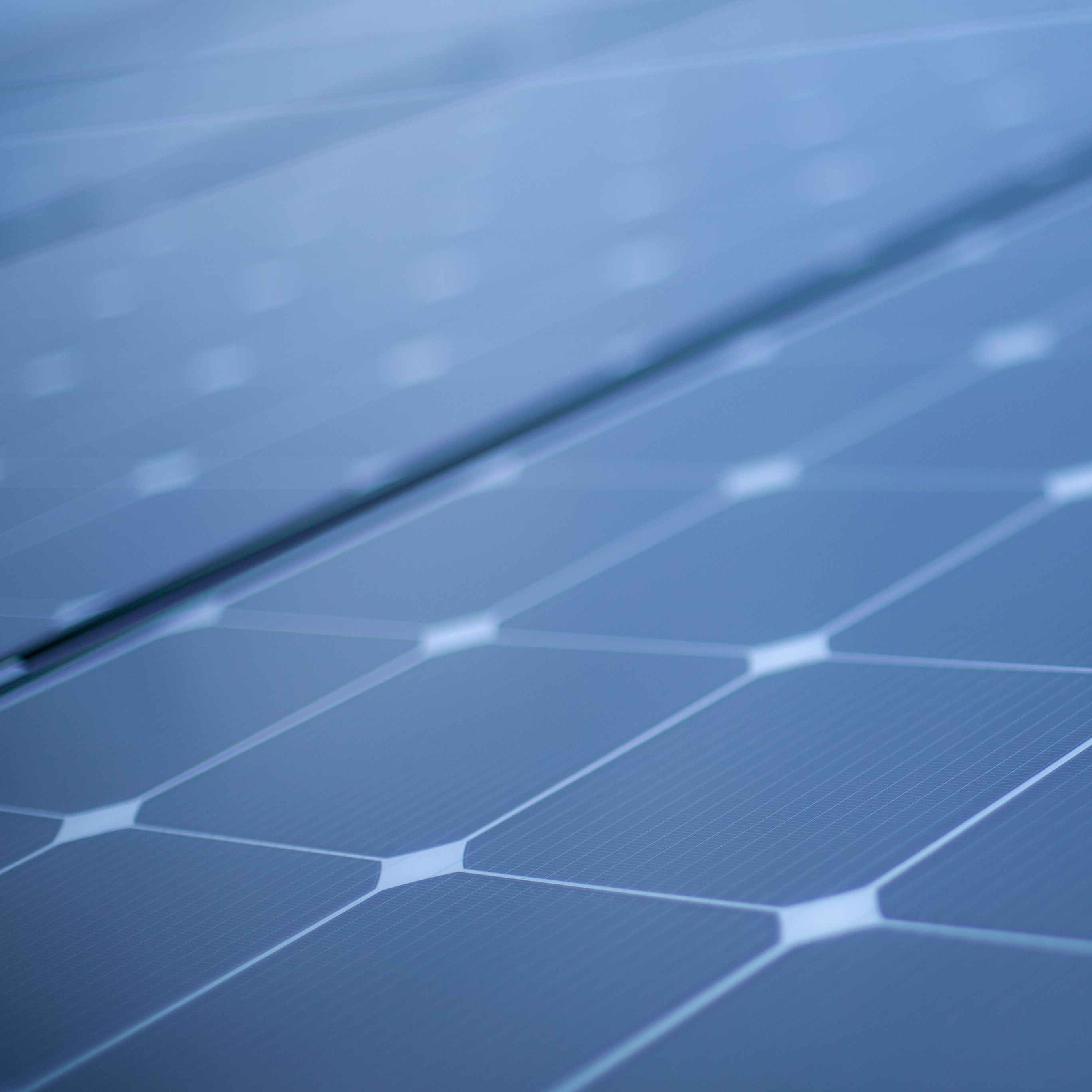 Close-up of a solar panel surface, showing its grid-like arrangement of dark photovoltaic cells with white borders. The glossy surface reflects light.
